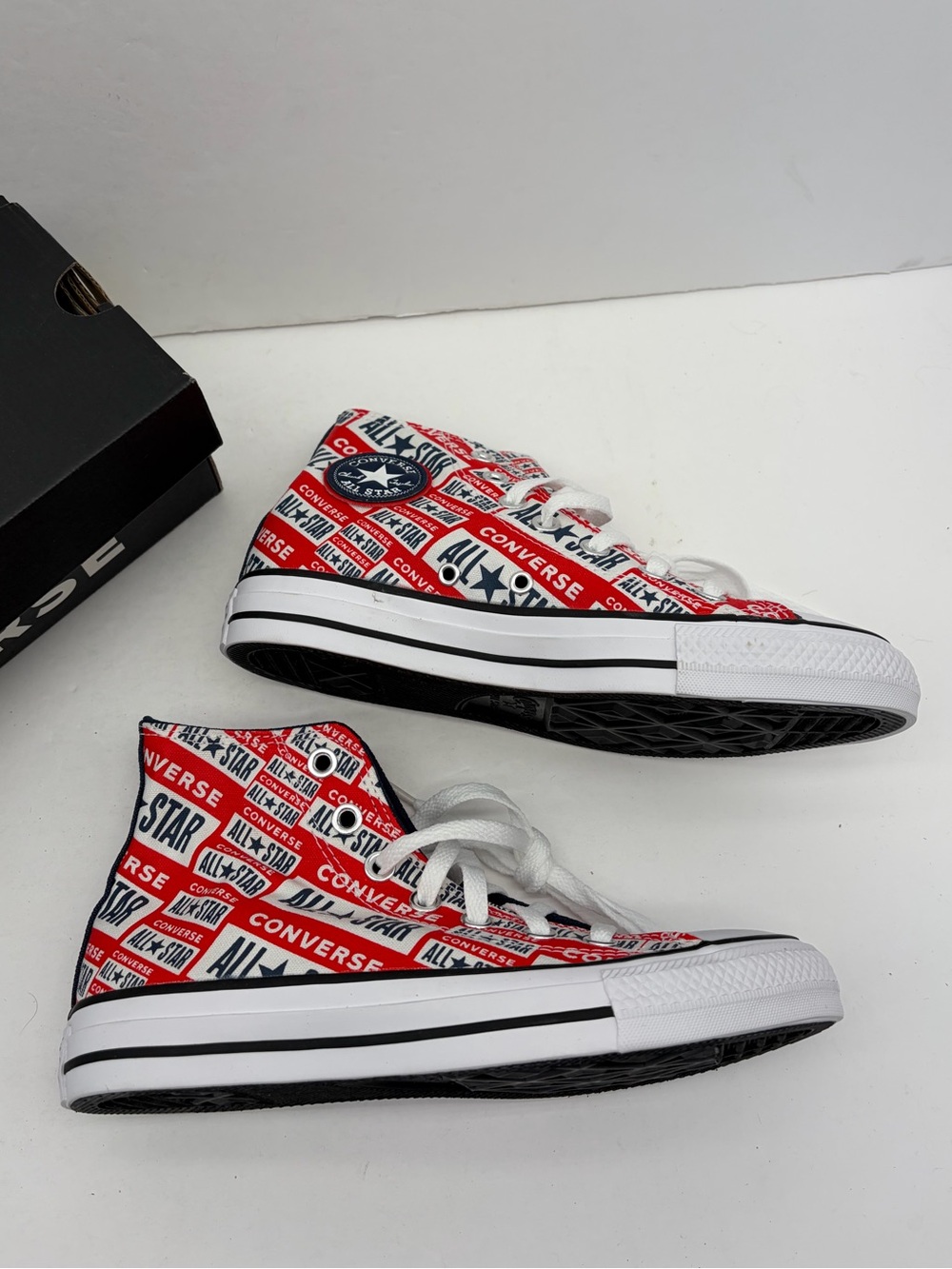 Converse Women’s High Top Sneakers - Red, White, Navy Logo Print - Picture 6 of 8